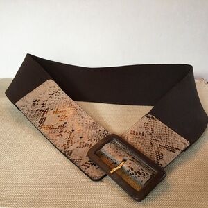 ANOTHER LINE, INC. Leather Snake Print and Brown Buckle/Brown Stretch Belt; S/M